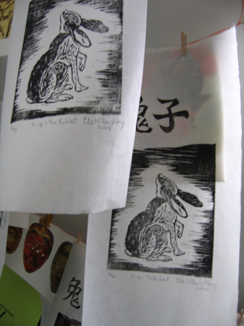 Tu-z, The Rabbit, Linocut, 4th in Chinese Zodiac, Black and White Lino Block Print Rabbit, Bunny, Hare, Chinese Character image 3