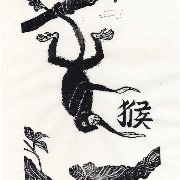 Grabado en linóleo de mono: arte del zodíaco chino, en blanco y negro