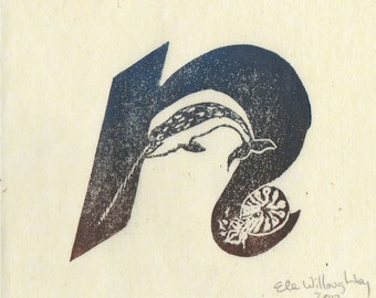 Narwhal, Nautilus N Monogram Print, Alphabet Typographic Lino Block Print