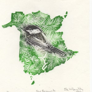New Brunswick, Schwarzkopfmeise und Balsam-Druck, handgedruckte Karten Symbole der Provinzen und Territorien von Kanada