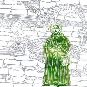 Mary Anning and Fossil Cliffs Linocut History of Paleontology, Women in STEM, Lino Block Print Scientist Portrait, Science, Dinosaur Fossils image 3
