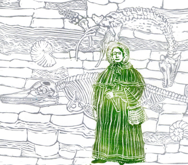 Mary Anning and Fossil Cliffs Linocut History of Paleontology, Women in STEM, Lino Block Print Scientist Portrait, Science, Dinosaur Fossils image 3