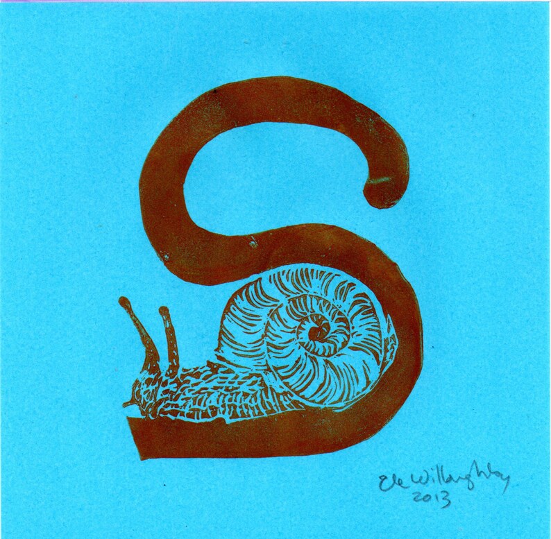 Snail S Monogram Linocut, Alphabet Typographic Lino Block Print, S is for Snail image 4