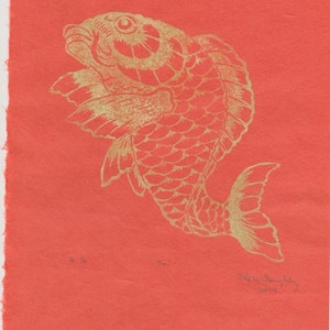 Koi Print, Lino Block Koi Fish or Carp Print on Lovely Orange Japanese Paper image 3