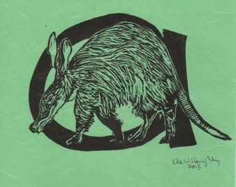 Aardvark A Monogram Linocut, Alphabet Typographical Lino Block With with Animal