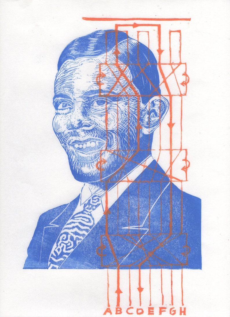 Linocut portrait of Alan Turing and the Enigma machine, History of Science Lino Block Portrait, Computer Science, Cryptography, Alan Turing image 5