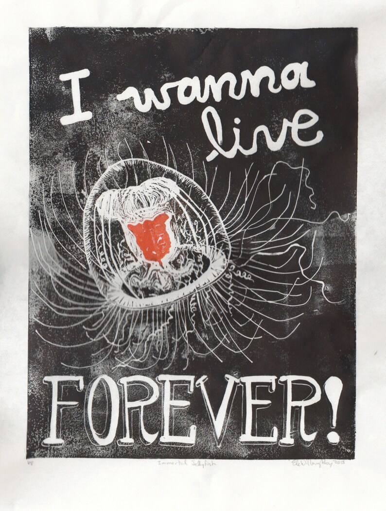 Immortal Jellyfish: I Wanna Live Forever Handprinted Lino Block Print of Turritopsis Dohrnii Medusa Called Immortal Jellyfish, Linocut image 5