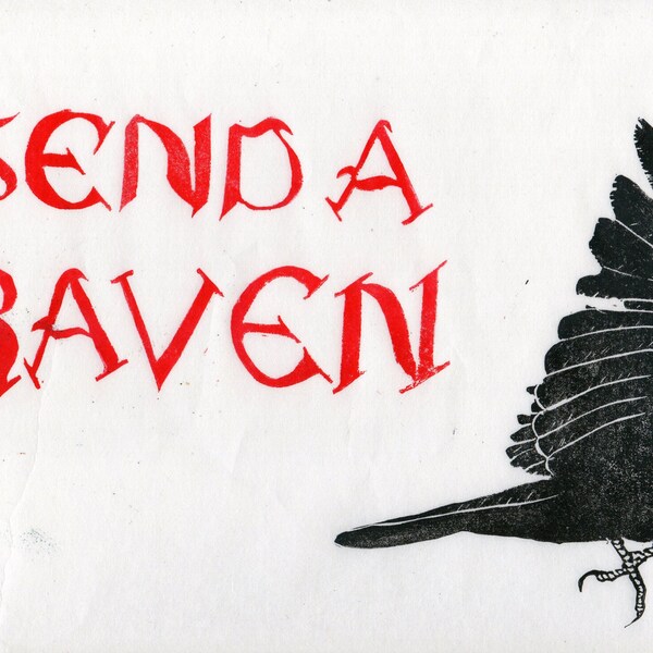 Send A Raven Print, Gothic text with Raven lino block print, Black, White and Red