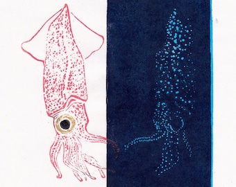 Firefly squid lino block print, Bioluminescent Squid Print, Sparkling enope squid or hotaru-ika