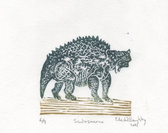 Scutosaurus Dinosaur Mini Linocut, Small Armor Covered Pareiasaur Dinosaur Lino Block Print