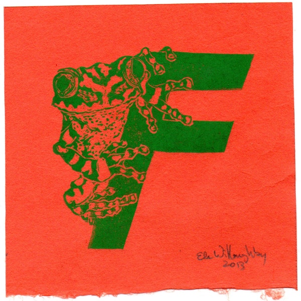 Frog F Monogram Print, Alphabet Animals Typographical Lino Block Print