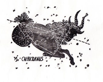 Capricorn Constellation Print in Black and White, Constellations of the Zodiac Lino Block Print Collection