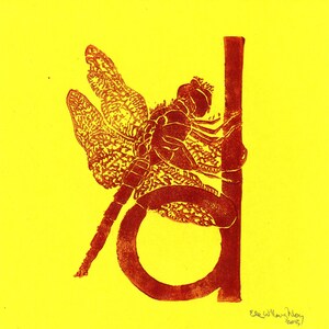 Dragonfly D Monogram Print, Alphabet Typographic Lino Block Print, Dragonfly, Damselfly, Insect image 2
