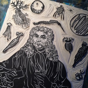 Antonie van Leeuwenhoek Portrait with his Microscope and Animacules, Lino Block Print History of Science, Microbiology image 4