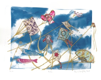 Blue Sky with Clouds Cyanotype with Lino Block Printed Kites and Collaged Japanese Papers