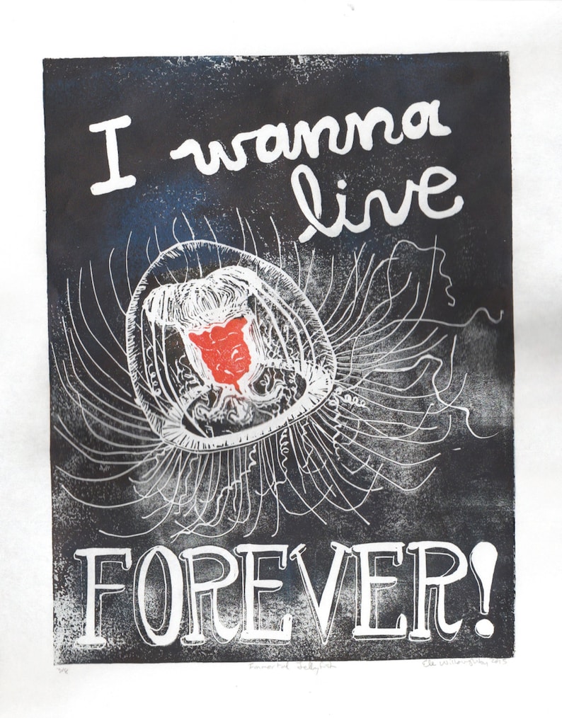 Immortal Jellyfish: I Wanna Live Forever Handprinted Lino Block Print of Turritopsis Dohrnii Medusa Called Immortal Jellyfish, Linocut image 2