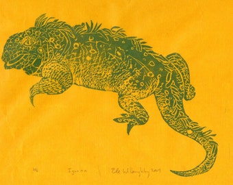 Iguana Lino Block Print, Iguana Print in Green on Yellow Japanese Paper, Natural History, Lizard