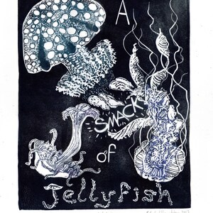 Immortal Jellyfish: I Wanna Live Forever Handprinted Lino Block Print of Turritopsis Dohrnii Medusa Called Immortal Jellyfish, Linocut image 6