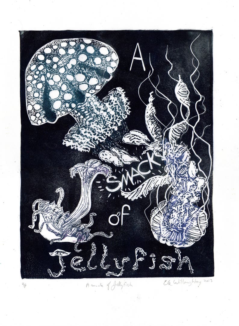 Immortal Jellyfish: I Wanna Live Forever Handprinted Lino Block Print of Turritopsis Dohrnii Medusa Called Immortal Jellyfish, Linocut image 6