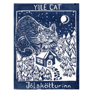 Set of 5 Printed Yule Cat Card, with Image of Linocut Gigantic Icelandic Christmas Cat, Jólakötturinn on Cabin in Woods image 5