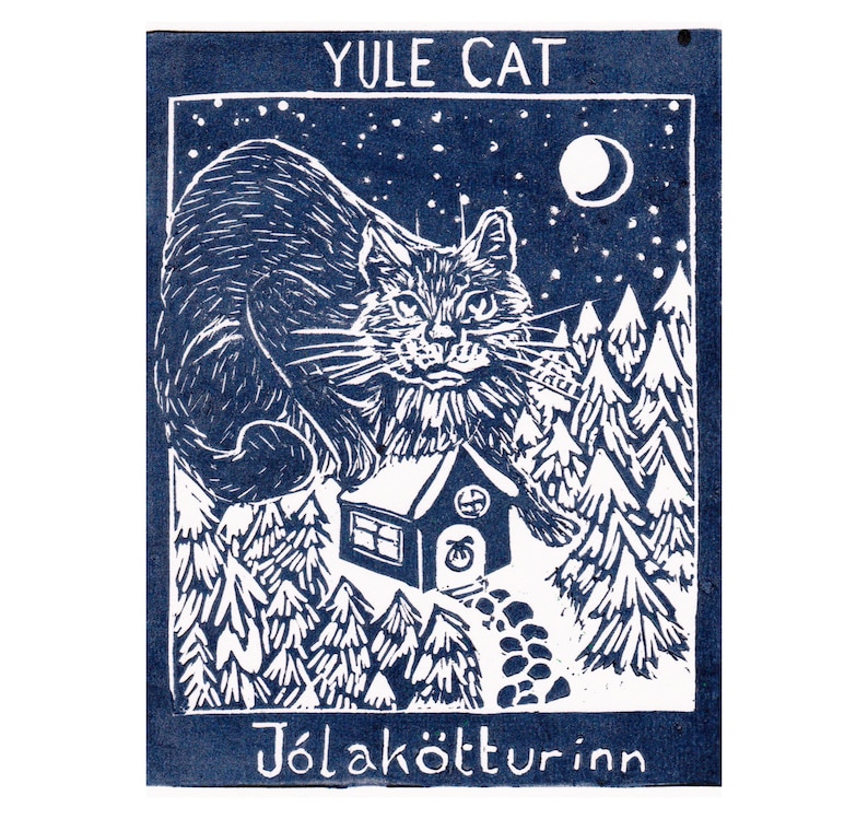 Set of 5 Printed Yule Cat Card, with Image of Linocut Gigantic Icelandic Christmas Cat, Jólakötturinn on Cabin in Woods image 5