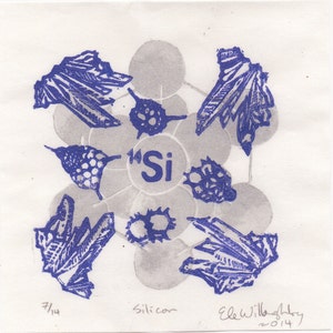 Silicon Print with Crystal, Quartz and Radiolarians, Periodic Table Lino Block Print Chemical Element Silicon image 3