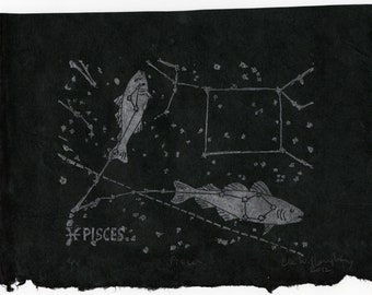 Pisces Constellation Linocut in Silver on Black - Constellations of the Zodiac Lino Block Print Collection - Pisces the Fish