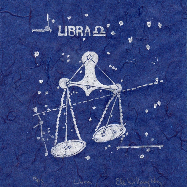 Libra Constellation Linocut in White on Blue - Constellations of the Zodiac Lino Block Print Collection, Star Map, Libra the Scales