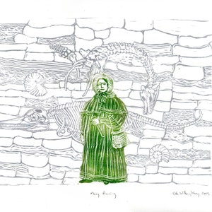 Mary Anning and Fossil Cliffs Linocut History of Paleontology, Women in STEM, Lino Block Print Scientist Portrait, Science, Dinosaur Fossils image 2