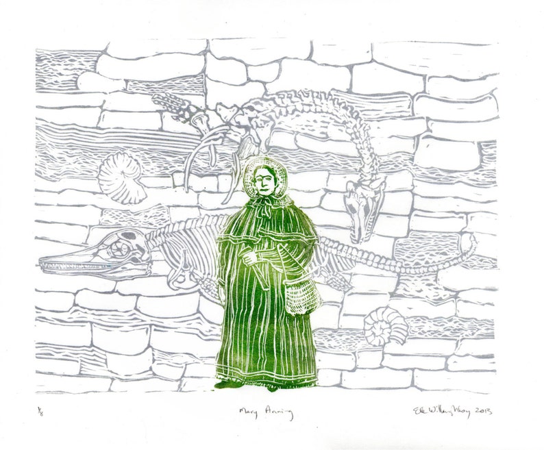 Mary Anning and Fossil Cliffs Linocut History of Paleontology, Women in STEM, Lino Block Print Scientist Portrait, Science, Dinosaur Fossils image 2