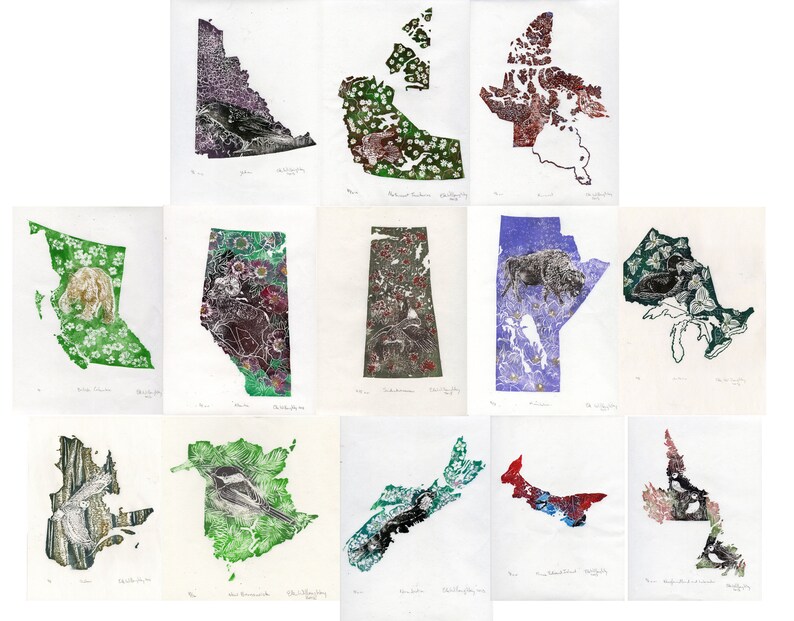 K&ouml;nnte beinhalten: Eine Sammlung von 12 Drucken, die verschiedene kanadische Provinzen zeigen. Jeder Druck zeigt die Umrisse einer Provinz mit einem einzigartigen Design und einer Tierillustration. Die Drucke sind in verschiedenen Farben, darunter Gr&uuml;n, Blau, Rot und Braun.