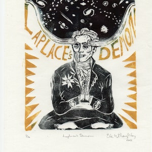 Laplace's Demon Linocut - History of Science, Imaginary Friend of Science Collection, Pierre-Simon Laplace, Mathematics Physics Daemon Space