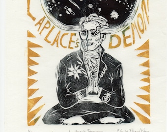 Laplace's Demon Linocut - History of Science, Imaginary Friend of Science Collection, Pierre-Simon Laplace, Mathematics Physics Daemon Space