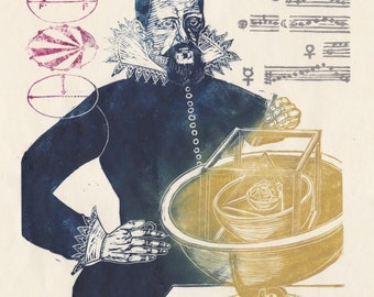 Johannes Kepler Lino Block Print: Planetary Laws of Motion & Platonic Solids