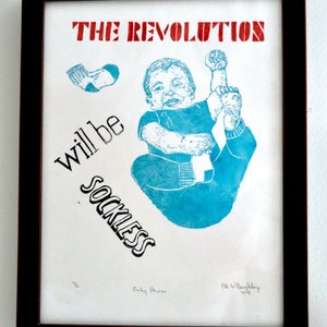 Baby Propaganda: The Revolution Will Be Sockless Linocut, Lino Block Print Baby with Typography, Nursery Art, Propaganda Poster image 5