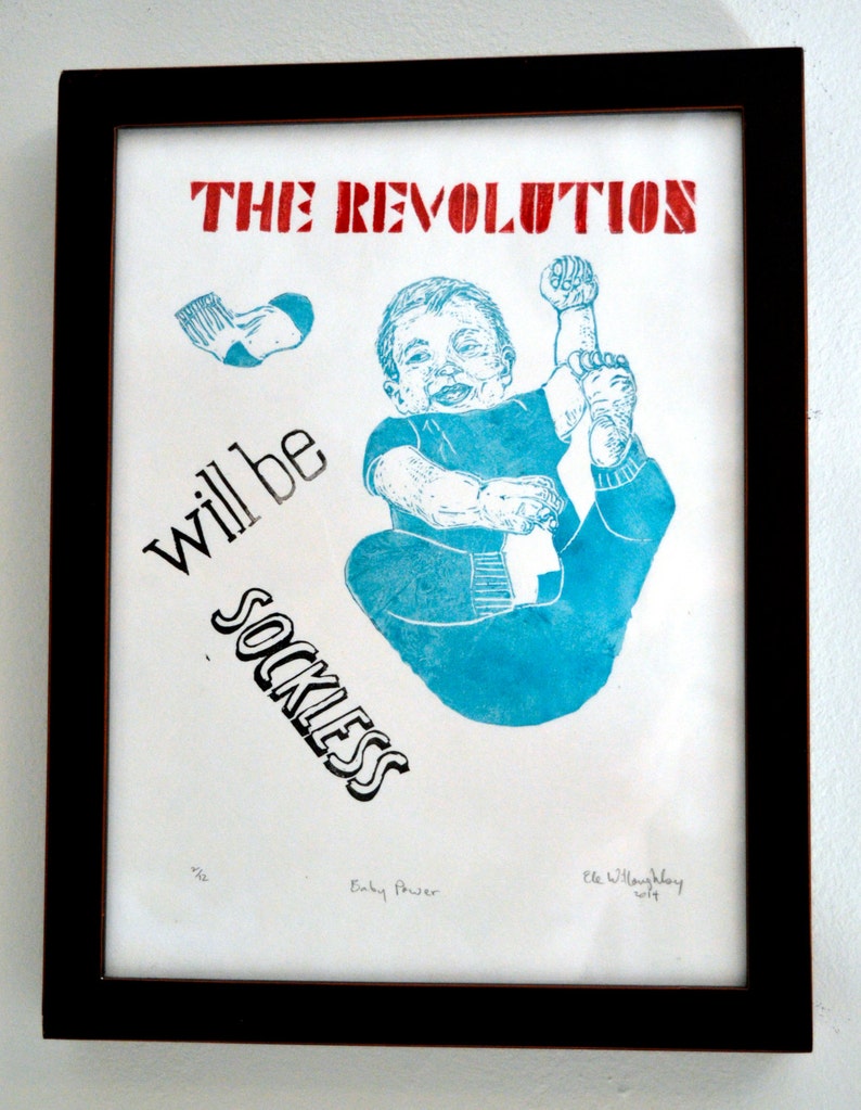 Baby Propaganda: The Revolution Will Be Sockless Linocut, Lino Block Print Baby with Typography, Nursery Art, Propaganda Poster image 5