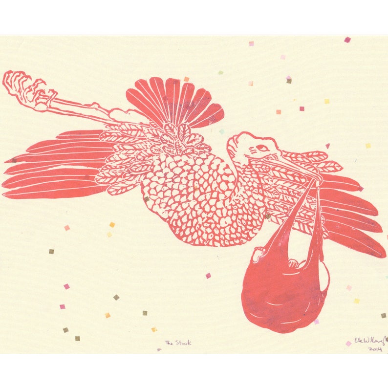 The Stork Deliverying Baby Print, Nursery Art, Stork with Baby Lino Block Print, Baby Shower Gift image 7