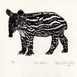 Tapir Baby Linocut - Black and White Block Printed Animal - Cute Baby Malayan Tapir Lino Block Print
