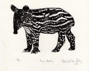 Tapir Baby Linocut - Black and White Block Printed Animal - Cute Baby Malayan Tapir Lino Block Print