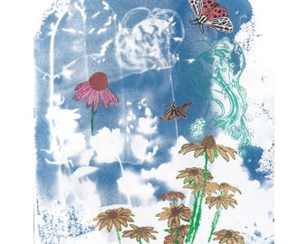 Flowers, Moths and Narcomedusa Jellyfish Cyanotype with Linocut Prints