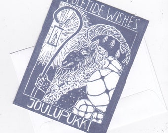 Set of 5 Printed Yuletide Wishes Giftcards with Linocut Joulupukki Card, Finnish Santa Yule Goat, Christmas Card