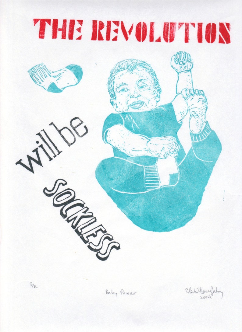 Baby Propaganda: The Revolution Will Be Sockless Linocut, Lino Block Print Baby with Typography, Nursery Art, Propaganda Poster image 3