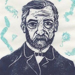 Thermochromic Louis Pasteur Portrait, Colour Changing Lino Block Print, Pasteur with Disappearing Bacteria
