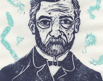 Thermochromic Louis Pasteur Portrait, Colour Changing Lino Block Print, Pasteur with Disappearing Bacteria