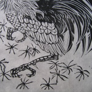 May include: Black and white woodcut print of a rooster with its legs and feet raised, walking over a field of stylized spider webs.