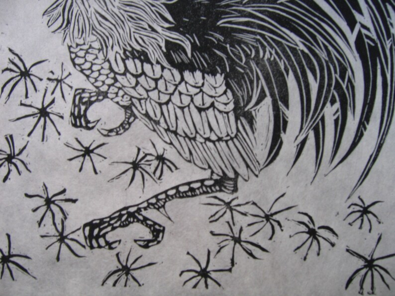 May include: Black and white woodcut print of a rooster with its legs and feet raised, walking over a field of stylized spider webs.