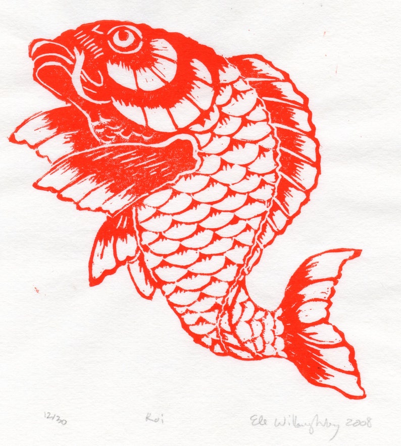 Koi Print, Lino Block Koi Fish or Carp Print on Lovely Orange Japanese Paper image 8
