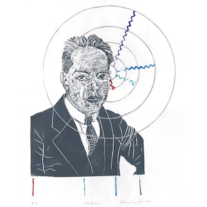 ニールス・ボーアのリノカット版画：水素原子、物理学者の肖像、量子力学