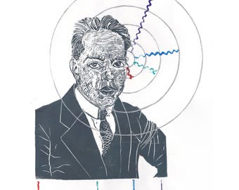 Niels Bohr History of Physics Linocut, Block Print Bohr Hydrogen Atom with Balmer Series Spectral Lines, Portrait Physicist