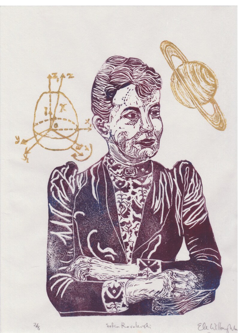 Mathematician Sofia Kovalevski Print, History of Science, Math & Literature, Women in STEM, Lino Block Portrait image 3